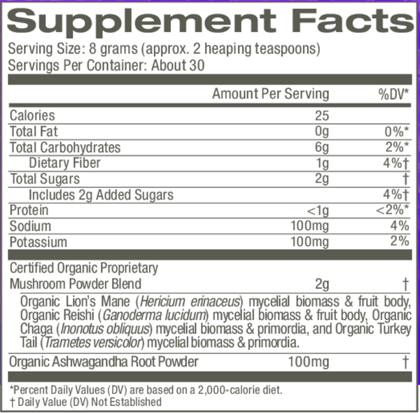 Mushroom Hot Chocolate Blend Supplement Facts Label