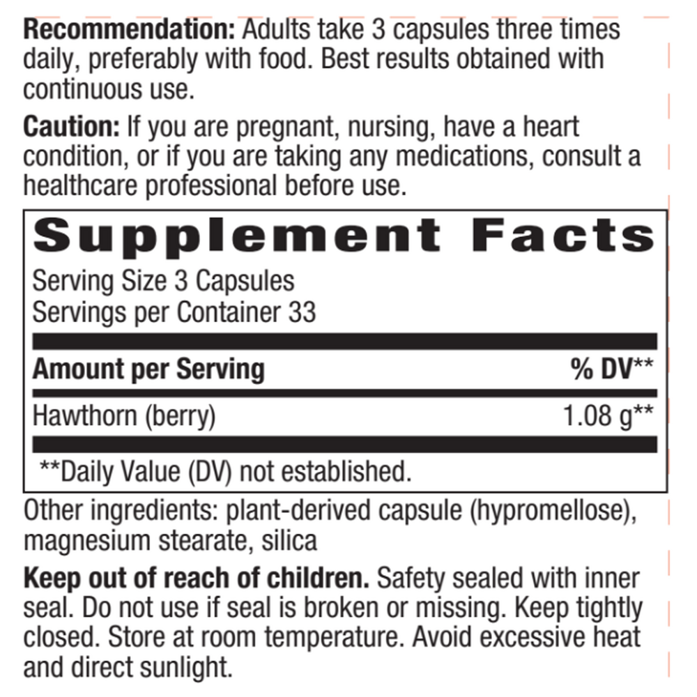 Hawthorn Berries 100 Caps Supplement Facts Label