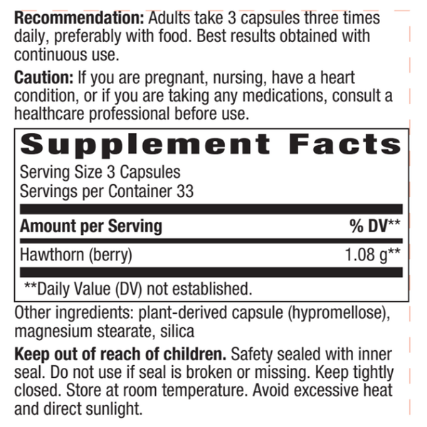 Hawthorn Berries 100 Caps Supplement Facts Label