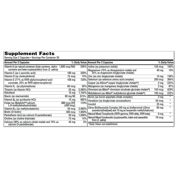 VitaPrime Capsules Iron Free Supplement Facts Label