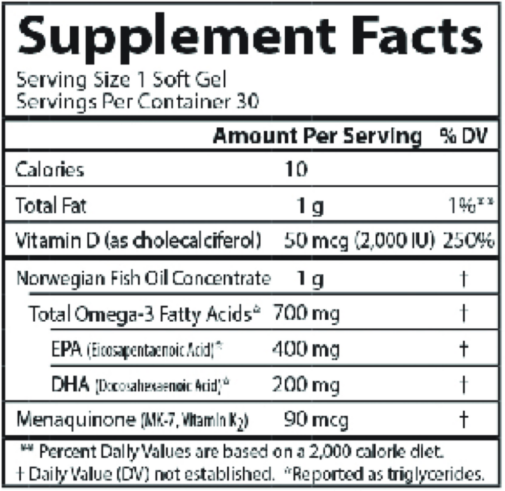Elite Omega 3 + D3 & K 60+30 Softgels Supplement Facts Label