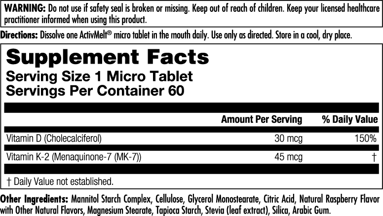 D3 & K2 ActivMelt Raspberry Supplement Facts Label