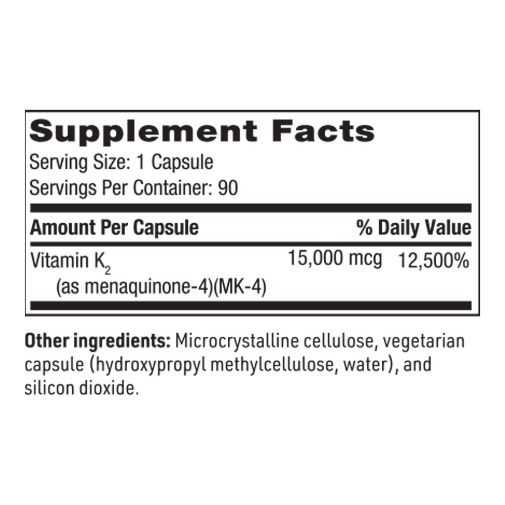 Ultra K2 Menaquinone - 4 Supplement Facts Label