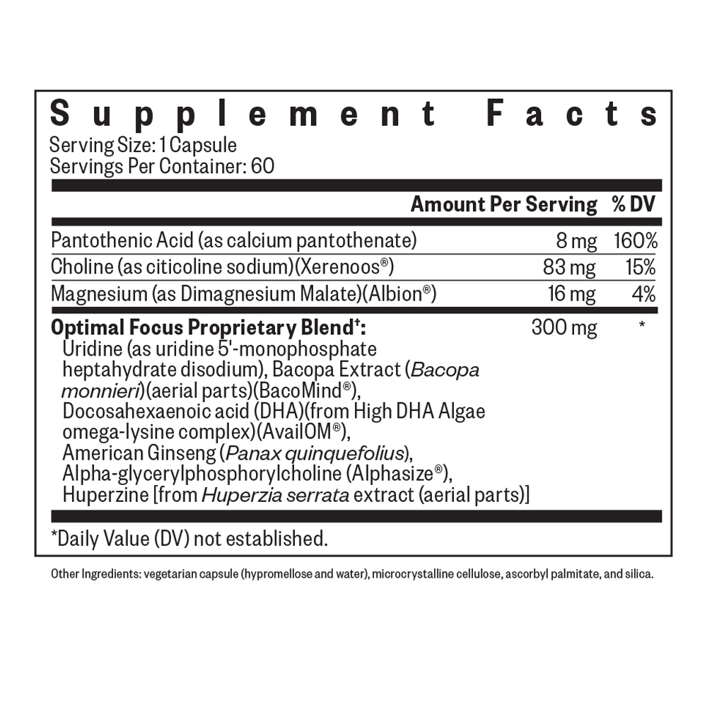 Optimal Focus Supplement Facts Label