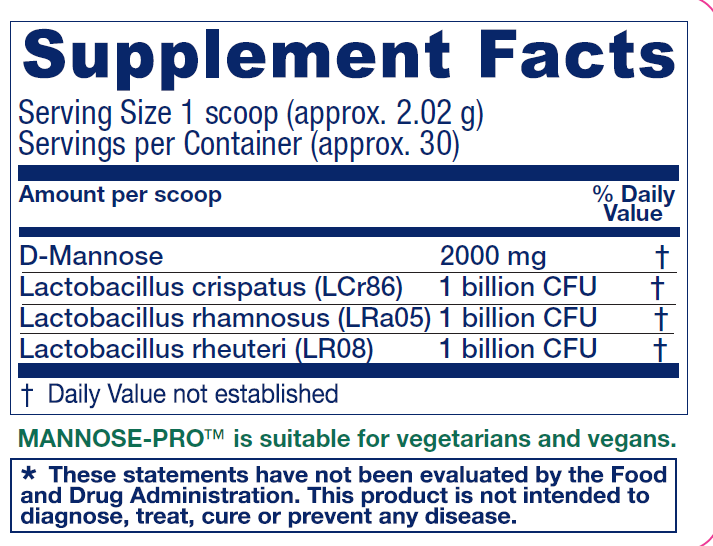 Mannose-Pro Urinary Tract Support Supplement Facts Label