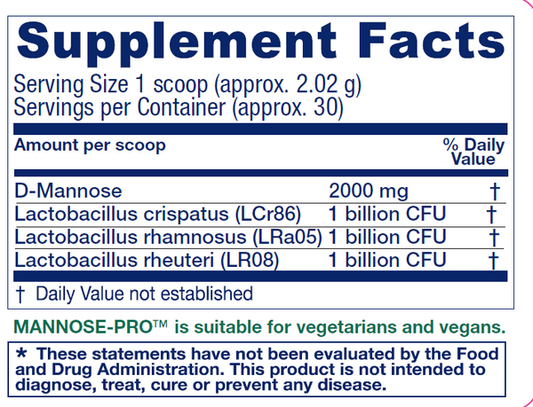 Mannose-Pro Urinary Tract Support Supplement Facts Label