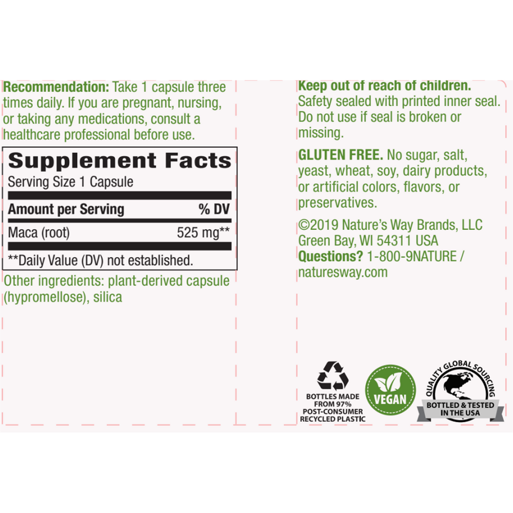 Maca Root 100 Veg Capsules Supplement Facts Label