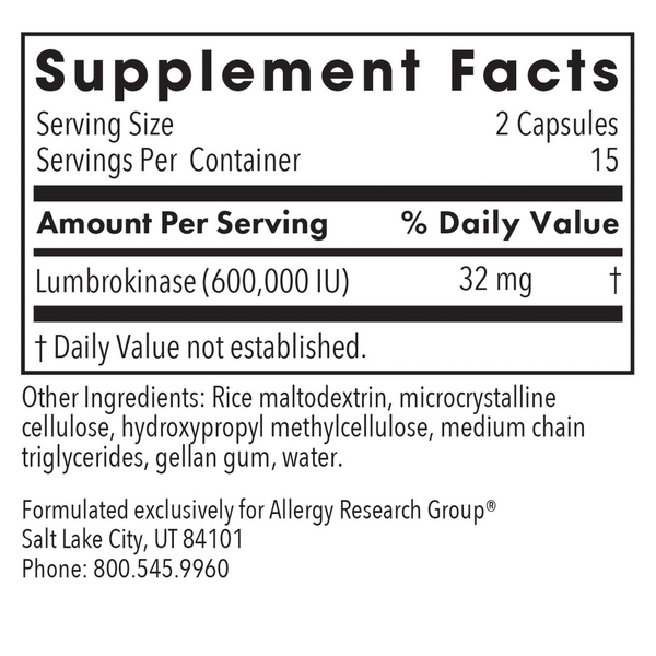 Lumbrokinase Delayed Release Vegicaps 60 Count Supplement Facts Label