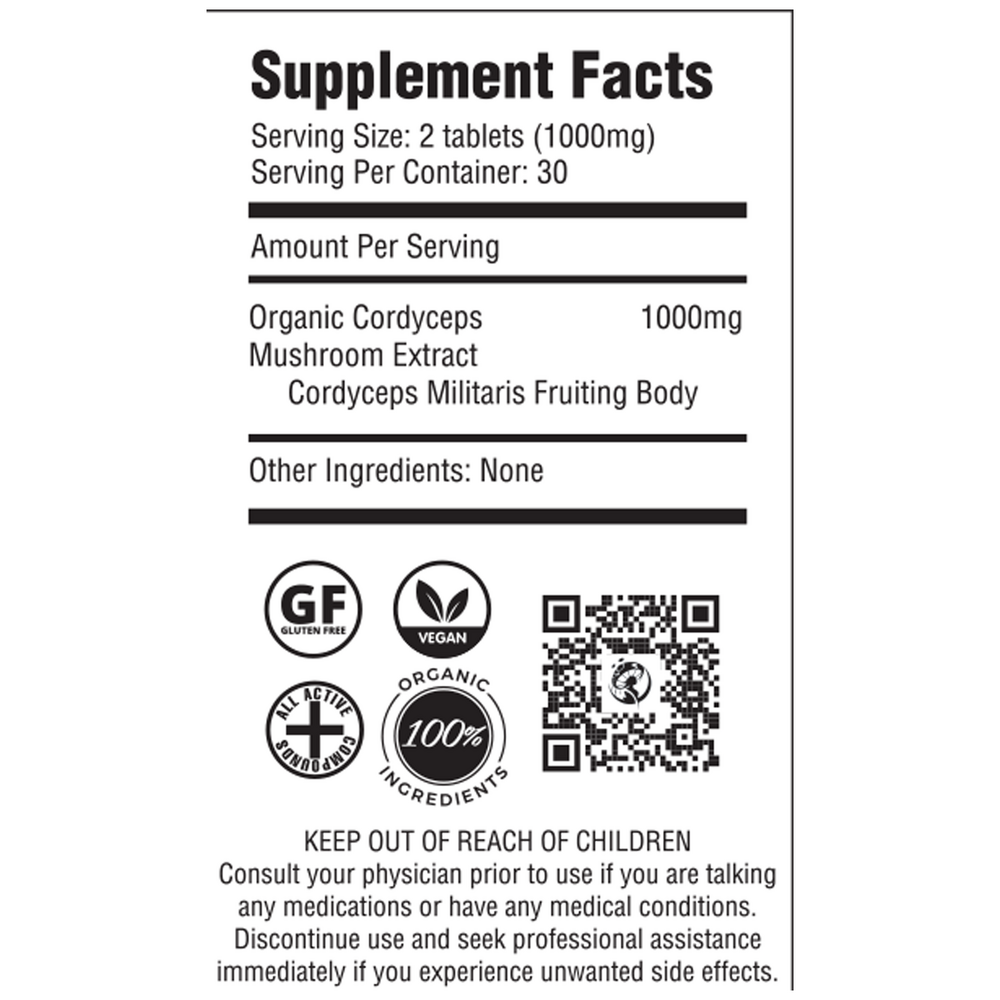 Cordyceps Mushroom Extract Supplement Facts Label