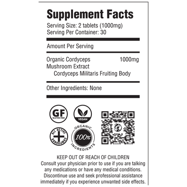 Cordyceps Mushroom Extract Supplement Facts Label