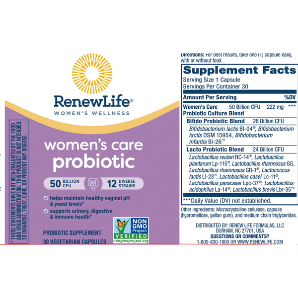 Women's Care Probiotic 50 Billion CFU Supplement Facts Label
