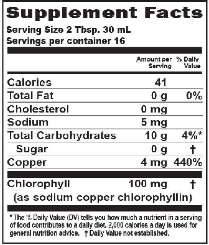 Liquid Chlorophyll Spearmint Supplement Facts Label