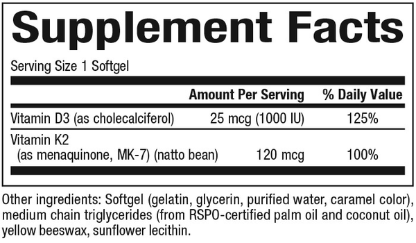 Vitamin D3 & K2 Supplement Facts Label