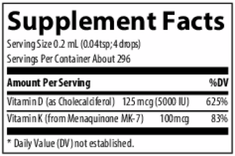 Ionic Vitamin D3 + K2 Supplement Facts Label
