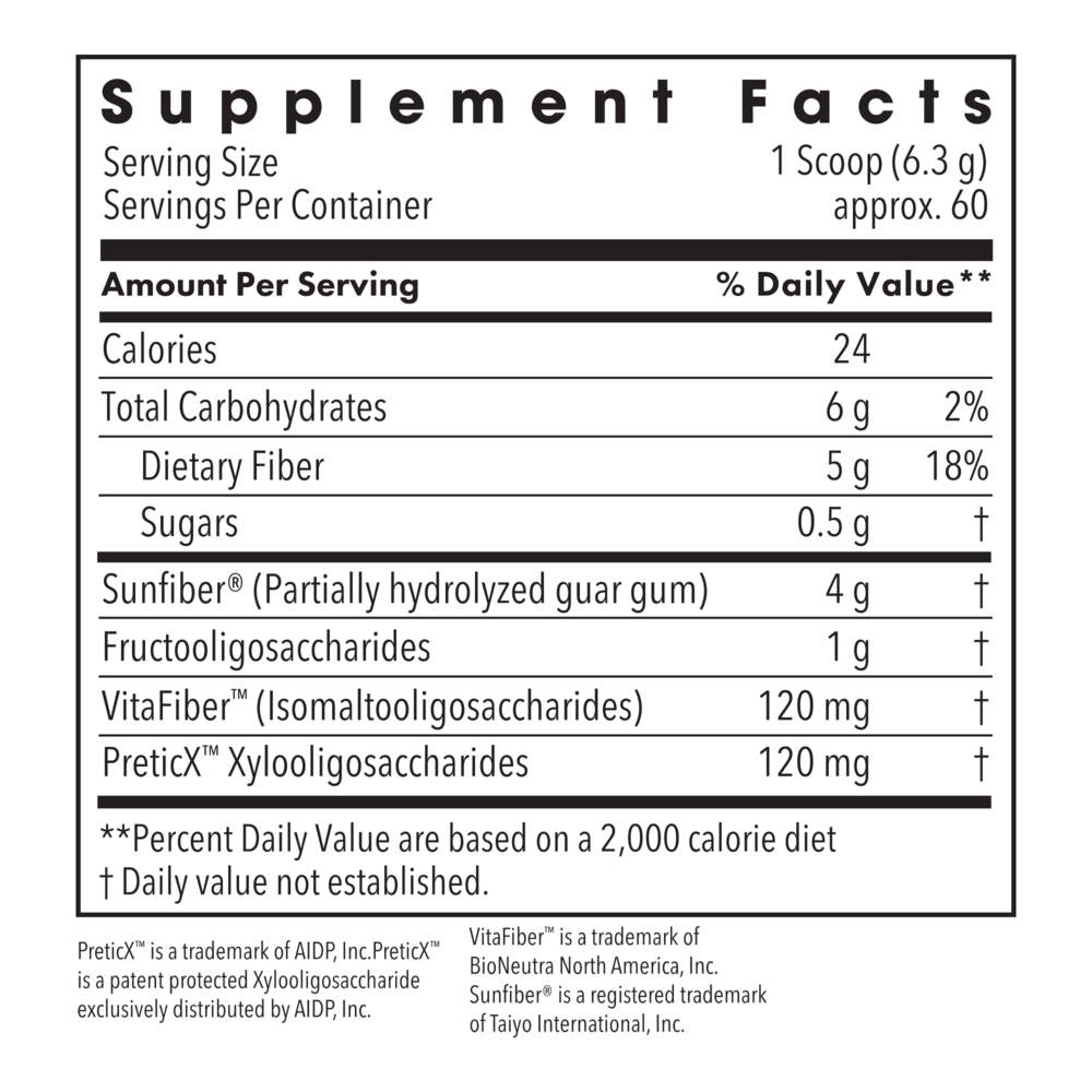BioMaintenance Prebiotic+Fiber Supplement Facts Label