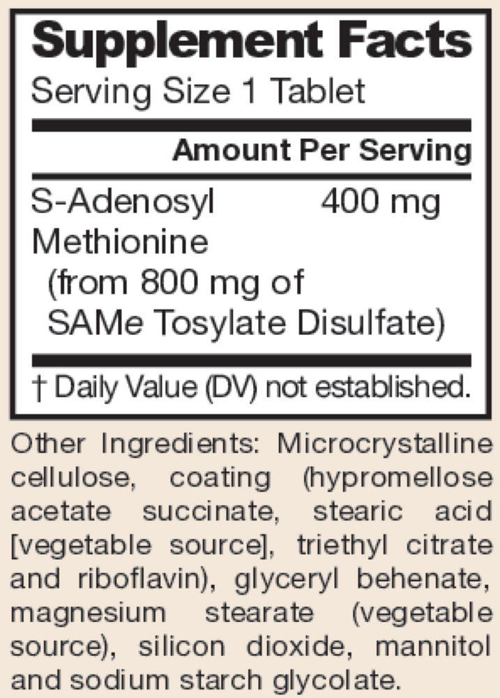 SAM-e 400 mg 30 Count Supplement Facts Label