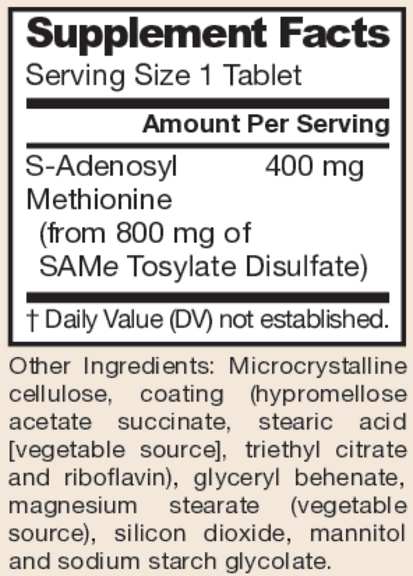 SAM-e 400 mg 30 Count Supplement Facts Label