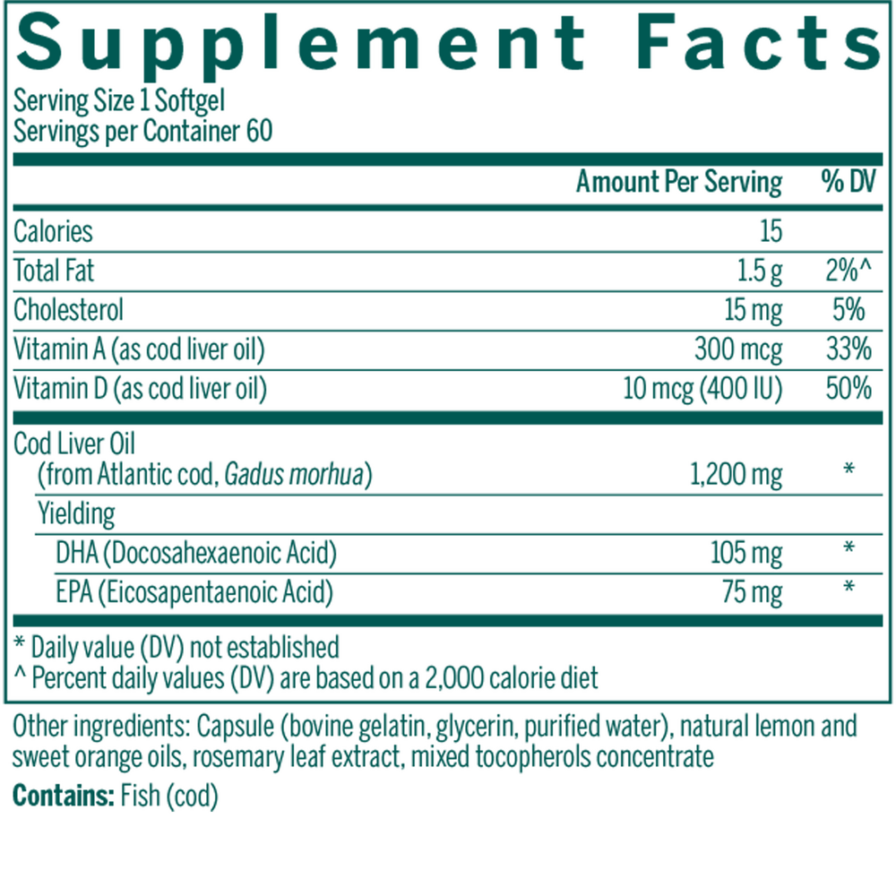 Cod Liver Oil DHA/EPA Forte Supplement Facts Label