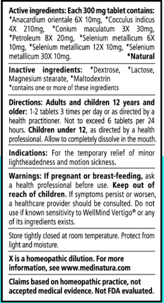 Wellmind Vertigo Tablets Supplement Facts Label