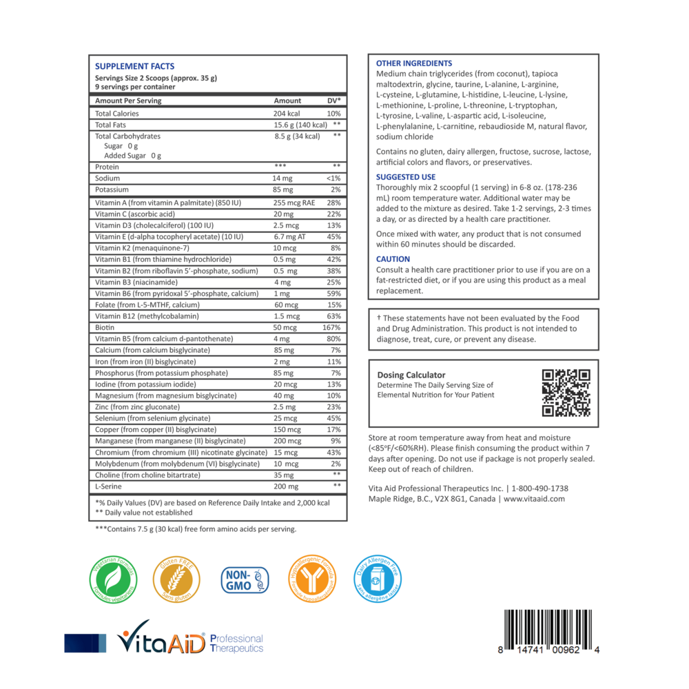 Keto-Elemental Nutrition Chocolate Supplement Facts Label