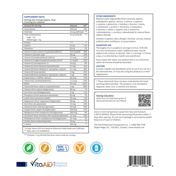 Keto-Elemental Nutrition Chocolate Supplement Facts Label