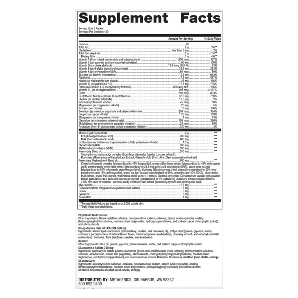 Wellness Essentials Active Supplement Facts Label
