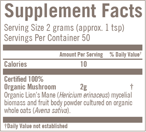 Lion's Mane (Hericium erinaceous) Supplement Facts Label