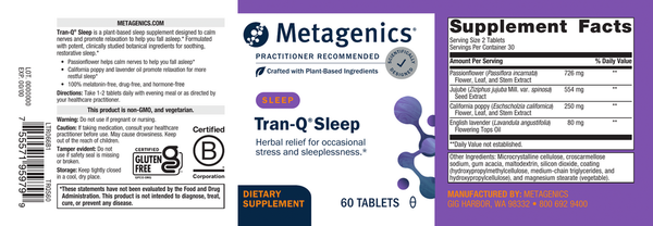 Tran-Q Sleep Supplement Facts Label