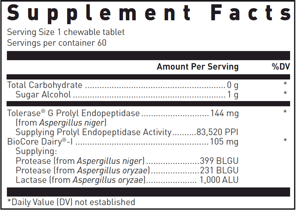 Gluten-Dairy Enzyme 60 Ct. Supplement Facts Label