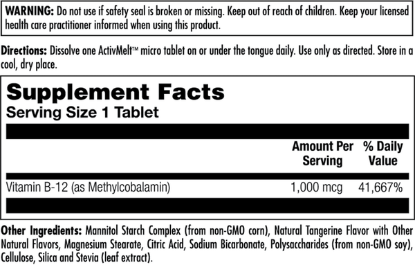 B-12 Methylcobalamin 1000 mcg Tangerine Supplement Facts Label