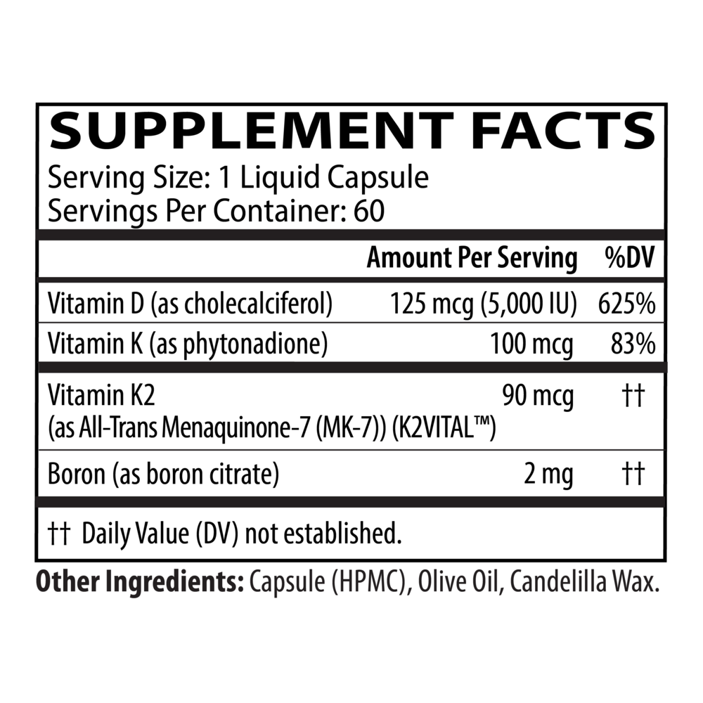 D3 5000 + K1/K2 Supplement Facts Label