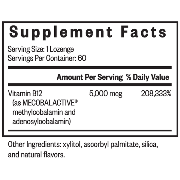 Methyl B12 5000 (formerly Active B12 5000) Supplement Facts Label