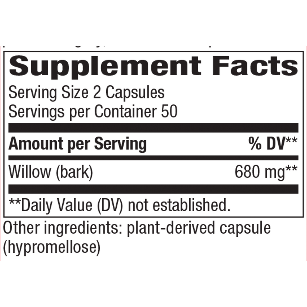 Willow Supplement Facts Label