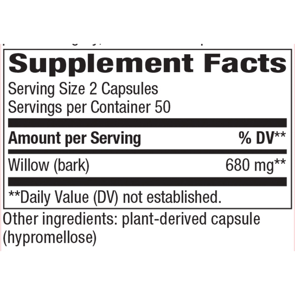 Willow Supplement Facts Label