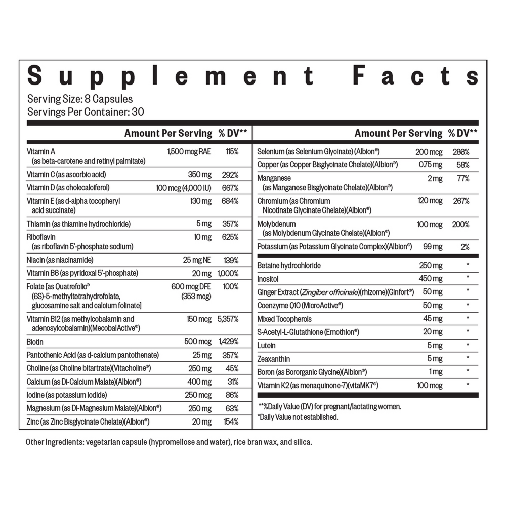 Optimal Prenatal Supplement Facts Label