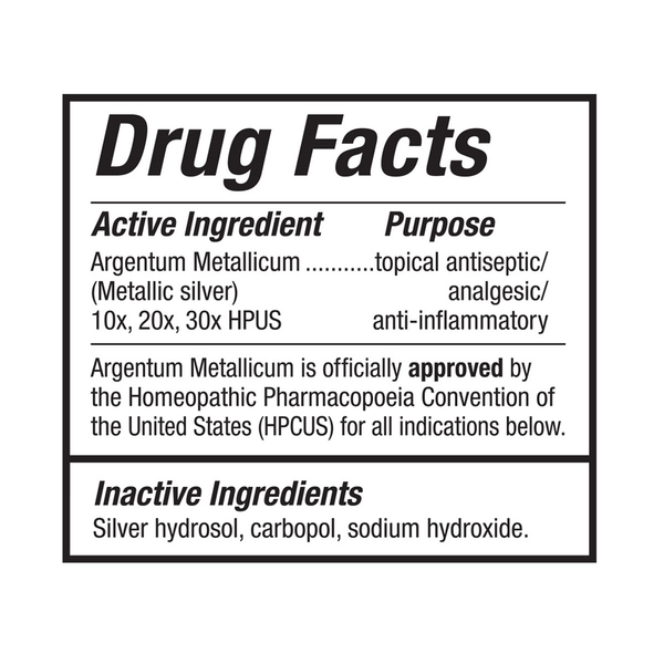 Homeopathic Silver First Aid Gel Supplement Facts Label