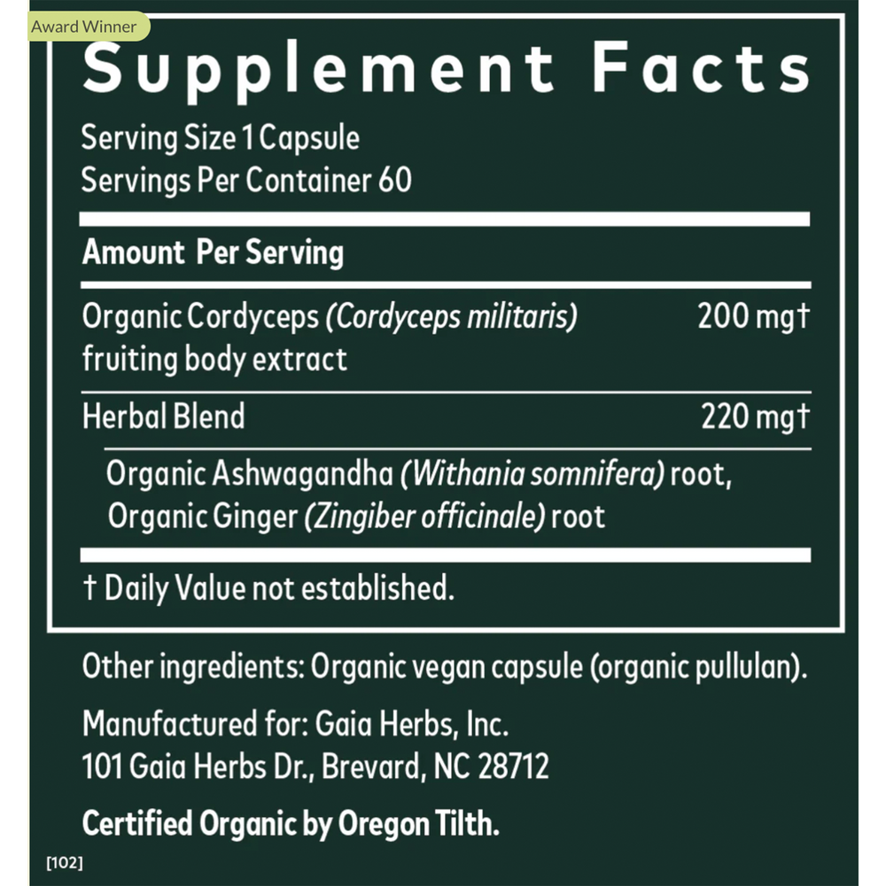 Ashwagandha & Cordyceps Supplement Facts Label