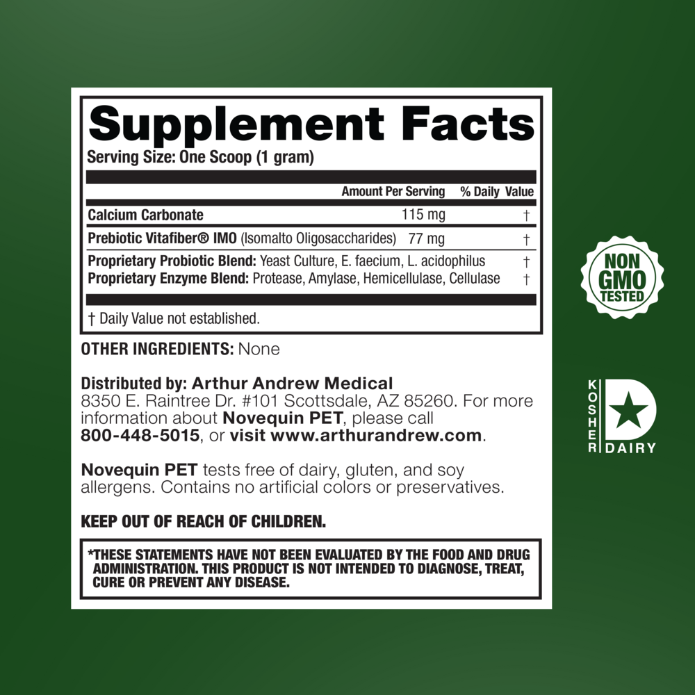 Novequin PET Supplement Facts Label