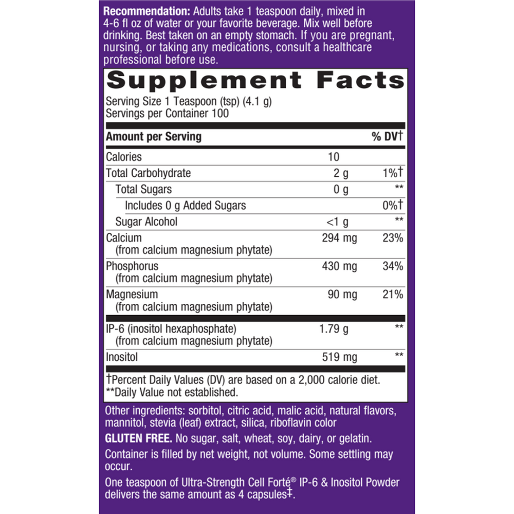 Cell Forté with IP-6 & Inositol Supplement Facts Label