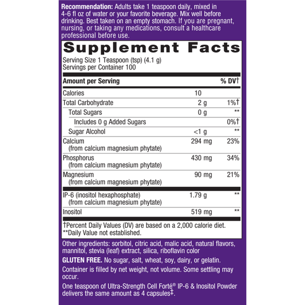 Cell Forté with IP-6 & Inositol Supplement Facts Label