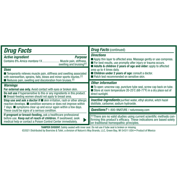 Arniflora Arnica Gel 2.75 oz Supplement Facts Label