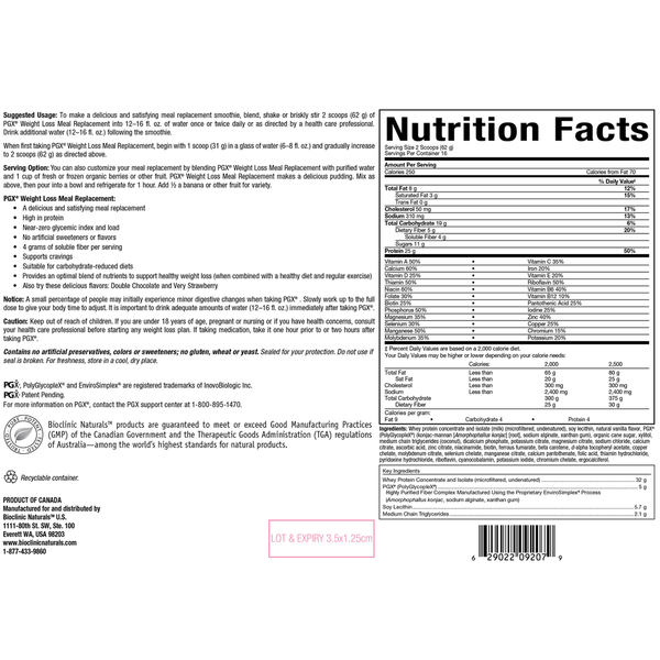 PGX Weight Loss Meal Replacement French Vanilla Supplement Facts Label