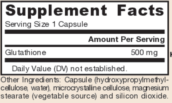 Glutathione Reduced 500 mg 60 Count Supplement Facts Label