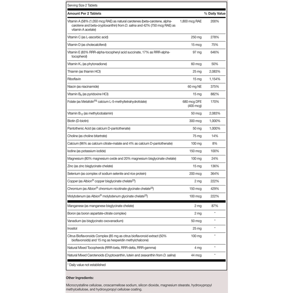 VitaPrime Tablets Iron Free Supplement Facts Label