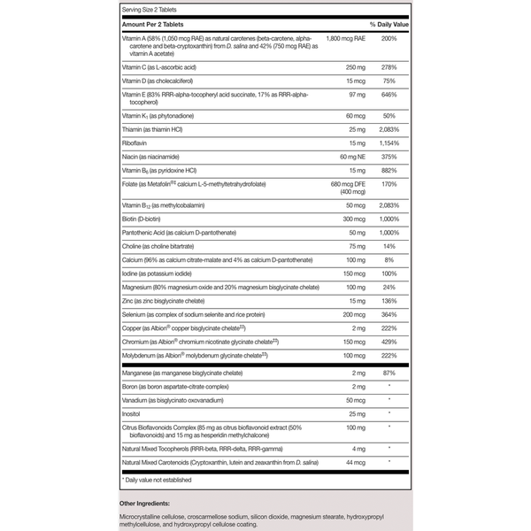 VitaPrime Tablets Iron Free Supplement Facts Label