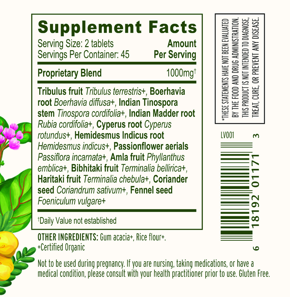 Kidney Formula Organic Supplement Facts Label