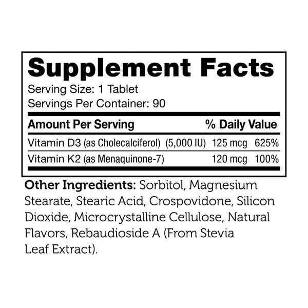 Vitamin D3 & K2 Chewable Supplement Facts Label