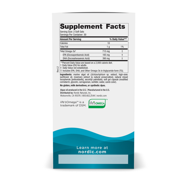Algae Omega Soft Gels 120 Count Supplement Facts Label