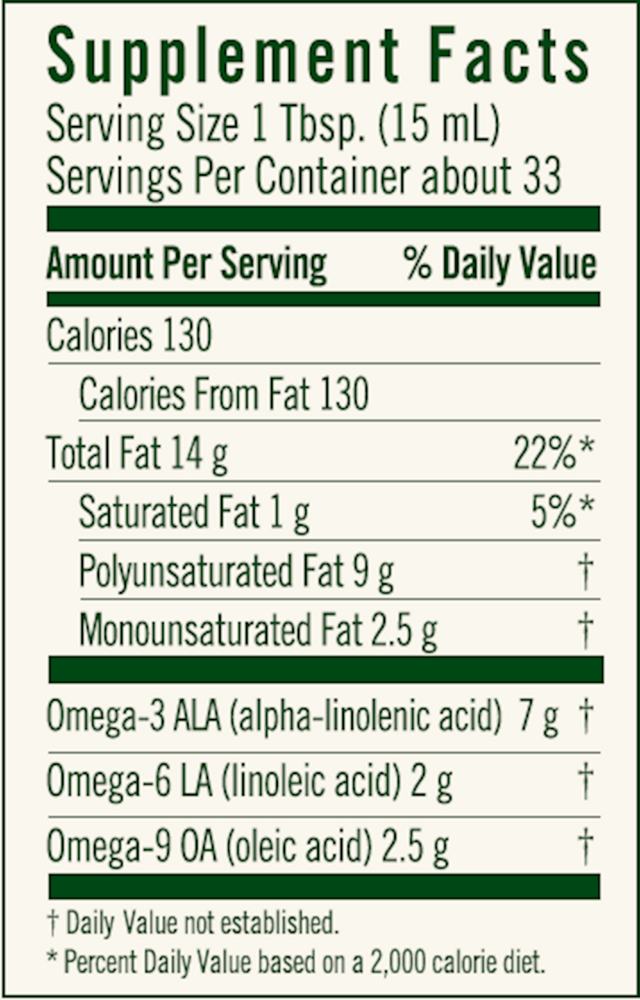 High Lignan Flax Oil Certified Organic Supplement Facts Label