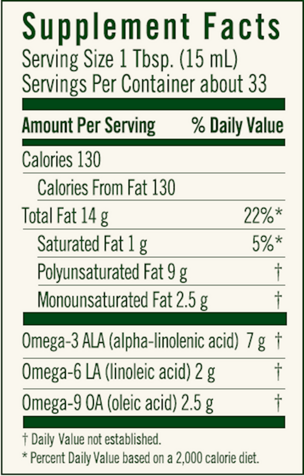 High Lignan Flax Oil Certified Organic Supplement Facts Label